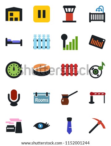Color and black flat icon set - airport tower vector, barrier, bed, factory, pills, eye, barcode, microphone, pause button, music, cellular signal, tie, warehouse, rooms, children room, radiator
