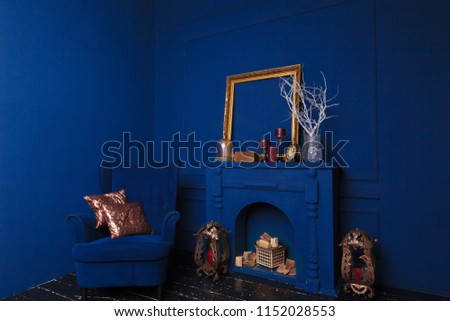 blue armchairs in blue cozy living room decor concept