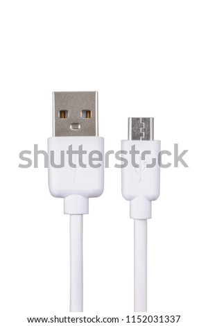 High quality generic white color USB data cable compatible with all mobile phones. Designed to connect micro USB devices including phones and tablets. Royalty-Free Stock Photo #1152031337