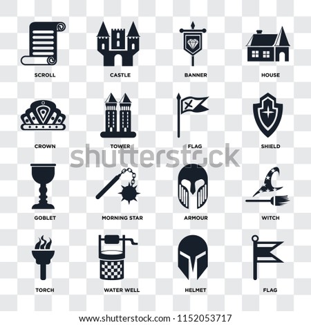 Set Of 16 icons such as Flag, Helmet, Water well, Torch, Witch, Scroll, Crown, Goblet on transparent background, pixel perfect