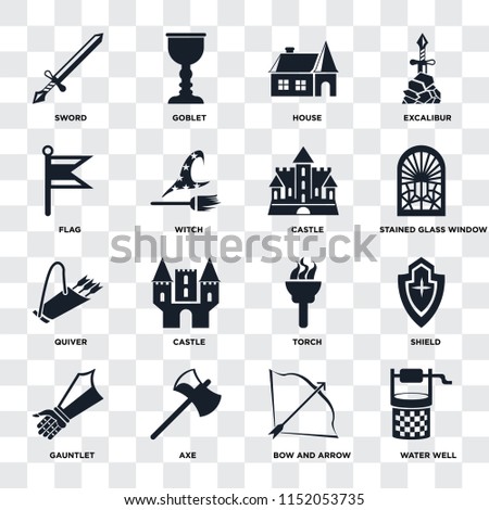Set Of 16 icons such as Water well, Bow and arrow, Axe, Gauntlet, Shield, Sword, Flag, Quiver, Castle on transparent background, pixel perfect