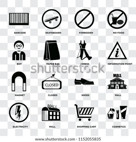 Set Of 16 icons such as Cosmetics, Shopping cart, Mall, Electricity, Barcode, Boy, Magnet, Dress on transparent background, pixel perfect