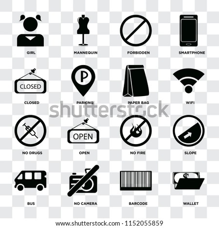 Set Of 16 icons such as Wallet, Barcode, No camera, Bus, Slope, Girl, Closed, drugs, Paper bag on transparent background, pixel perfect
