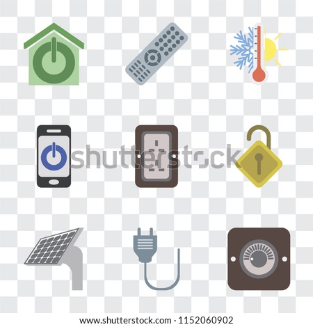 Set Of 9 simple transparency icons such as Dimmer, Plug, Panel, Locked, Smartphone, Thermostat, Remote, Smart home, can be used for mobile, pixel perfect vector icon pack on transparent