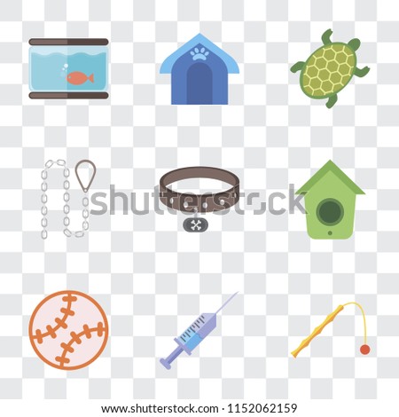 Set Of 9 simple transparency icons such as Toy, Syringe, Birdhouse, Collar, Leash, Turtle, Pet house, Aquarium, can be used for mobile, pixel perfect vector icon pack on transparent background