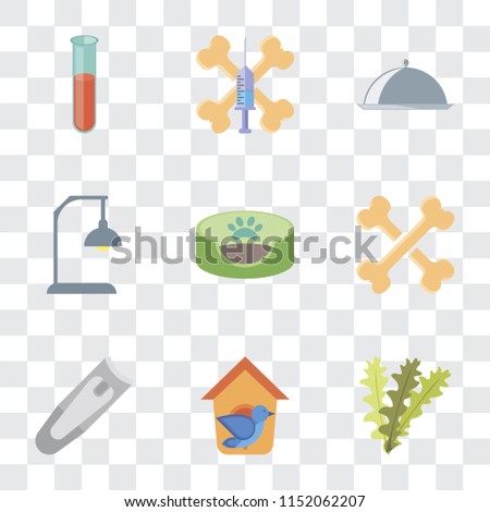 Set Of 9 simple transparency icons such as Seaweed, Bird house, Nail clippers, Bones, Pet bed, Lamp, Food, Treats, Test tube, can be used for mobile, pixel perfect vector icon pack on transparent