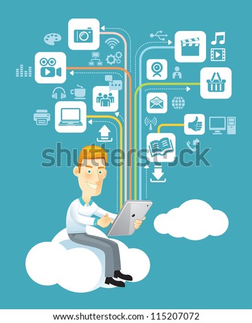 Business man using a tablet sitting on a cloud with social media, communication icons.
Vector illustration