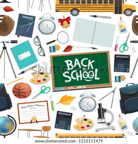 Back to school seamless pattern of stationery supplies for education. Chalkboard and notebook, alarm clock and basketball, backpack and palette, glasses and globe, telescope and scissors vector