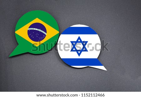 Brazil and Israel flags with two speech bubbles on dark gray background