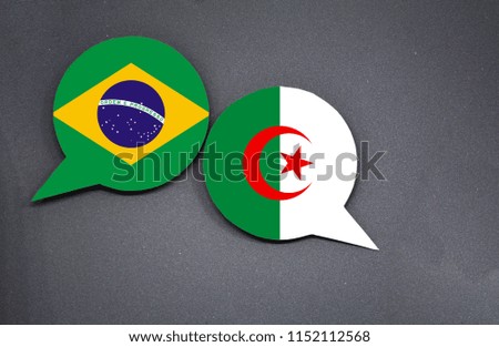Brazil and Algeria flags with two speech bubbles on dark gray background