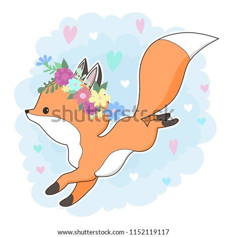 Cute red fox in a flower wreath.  Hand drawn cartoon  illustration. It can be used for baby t-shirt design, fashion print, cards, design element for children's clothes. Vector animal character