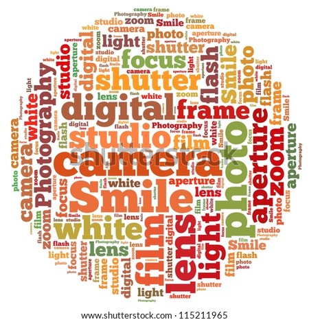 camera info-text graphics and arrangement concept on white background (word cloud)