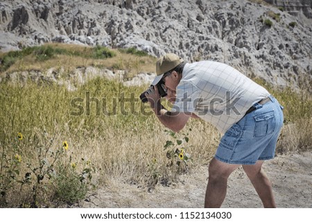 Photographer getting the perfect shot of yellow sun flower in a mountain valley