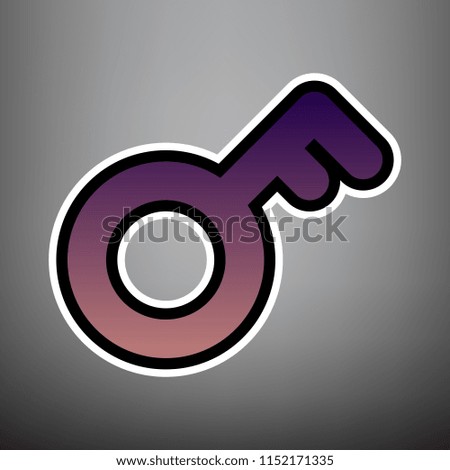 Key sign. Vector. Violet gradient icon with black and white linear edges at gray background.