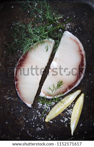A shark steak with herbs and lemon. Dark background