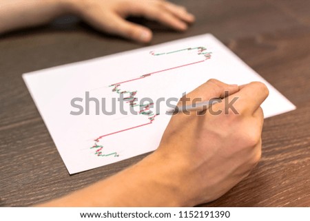 Businessman sitting at table. There are sheet of paper with a trading chart on the table. Concept photo.