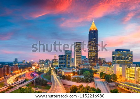 Atlanta, Georgia, USA downtown and midtown skyline at dusk.