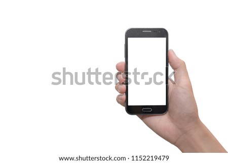 Hand holding mobile smart phone mock up screen for design, application, presentation or portfolio. This phone is touch, slide in touchscreen mode. (with clipping path)