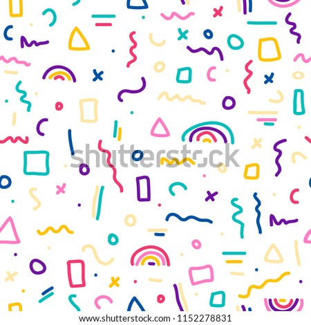 Cute simple pattern with different hand painted elements. Vector seamless template background. Colorful memphis style illustration.