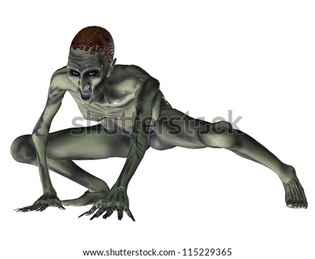 3d rendering of a zombie in the squat as illustration