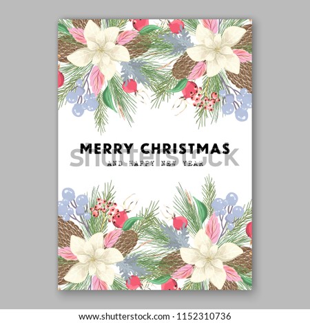 Poinsettia Christmas Party invitation vector winter floral wreath clipart holiday background fir branch pine cone dog-rose berry 