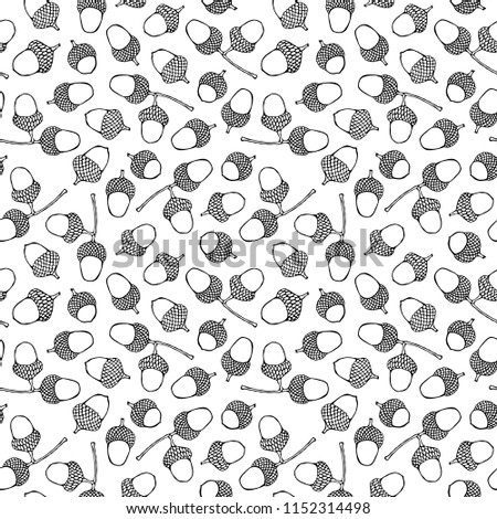 Seamless Endless Pattern of Brown Acorns. Autumn or Fall Vegetable Harvest Collection. Realistic Hand Drawn High Quality Vector Illustration. Doodle Style.