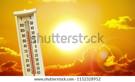 Heatwave hot sun. Climate Change. Global Warming. Thermometer high temperatures. Weather warning. Royalty-Free Stock Photo #1152328952