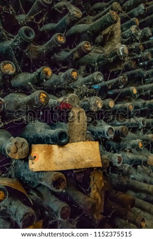 Very old wine cellar, very old bottles full of cobwebs and lots of dust 