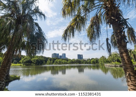 Public park in the big city.  Place and outdoors concept. Nature and landscape theme. Bangkok Thailand location.