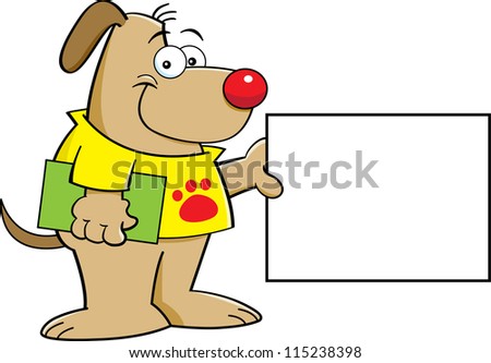 Cartoon illustration of a dog holding a sign and a book