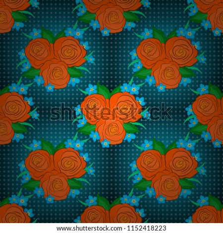 Floral wallpaper in green, blue and orange colors. Decorative ornament for fabric, textile, wrapping. Traditional seamless pattern. Vector striped seamless pattern with rose flowers and green leaves.