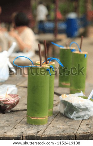 bamboo   natural container  for  food  drink   on table   in park