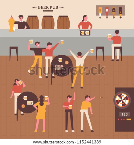 People who enjoy beer in pubs and drink beer. flat design style vector graphic illustration set