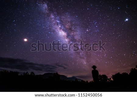 People looking on Milky way. Milky way galaxy with stars and space dust in the universe.