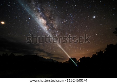 People looking on Milky way. Milky way galaxy with stars and space dust in the universe.