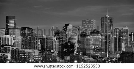 Panoramic picture of Denver skyline at dusk, Colorado, USA.