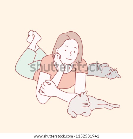A girl looking up at a cute cat lying on the floor. hand drawn style vector design illustrations.