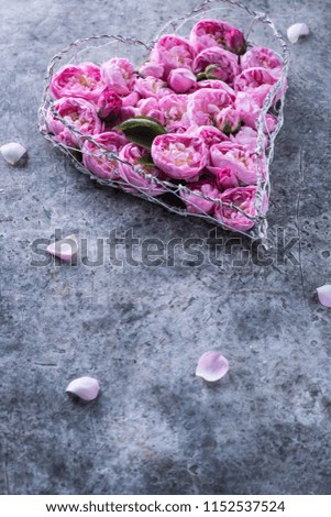 Heart Shaped Pink Rose Arrangement on a gray Background.
