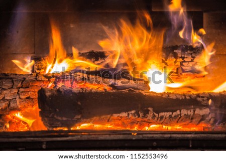 The fireplace with the flaming wood in the home interior.