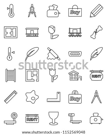 thin line vector icon set - splotch vector, washboard, rolling pin, thermometer, pen, pencil, corner ruler, drawing compass, Railway carriage, glass, tulip, big scales, hdmi, broken bone, cottage
