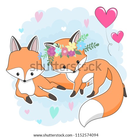 Two cute red fox in a flower wreath and ballons.  Hand drawn cartoon  illustration.  for baby t-shirt design, fashion print, cards, design element for children's clothes. Vector animal c