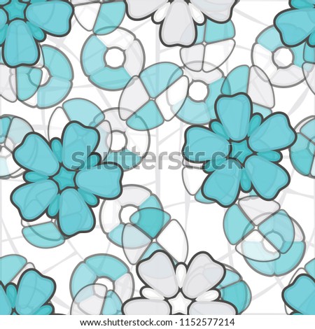 Seamless pattern. Large flowers lying on abstract translucent figures. In the background, a grid of curves showing an uneven line thickness.