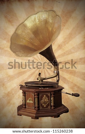 Old bronze gramophone on vintage background