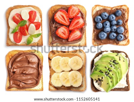 Set with toast bread and different toppings on white background, top view Royalty-Free Stock Photo #1152605141