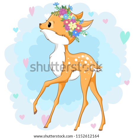 Vector deer in a flower wreath on background with hearts can be used for baby t-shirt design, fashion print, cards, design element for children's clothes. Cute baby animal 