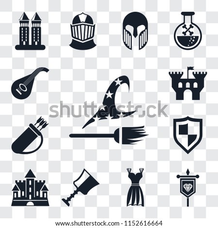 Set Of 13 transparent editable icons such as Witch, Banner, Gown, Cup, Castle, Shield, Quiver, Lute, web ui icon pack, transparency set