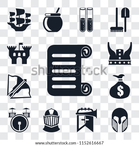Set Of 13 transparent editable icons such as Scroll, Armour, Trumpet, Helmet, Drum, Money bag, Crossbow, Viking, Castle, web ui icon pack, transparency set