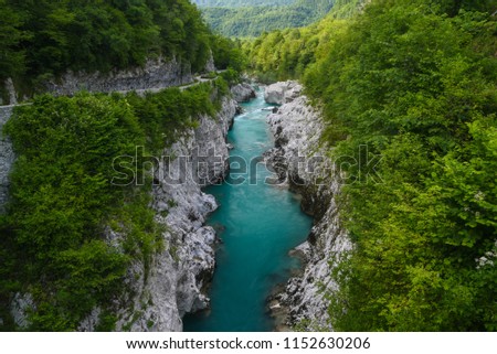 Beautiful view over the blue Soca River in Slovenia