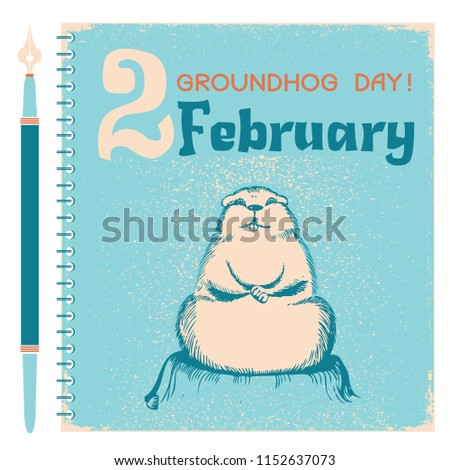 Groundhog day background with marmot on vintage notebook paper.Raster