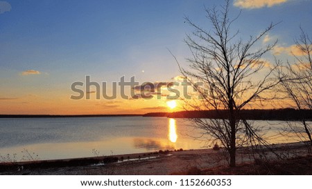 Beautiful view of winter sunset on the lake beach. Bare tree on the right side and forest in the background. Blue and orange cloudy sky with sunset sun shine and its mirror reflection in the center